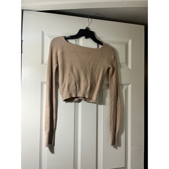Lulus Tan Beige Ribbed Knit Cropped Cardigan Square Neck Sweater XS - Picture 4 of 4